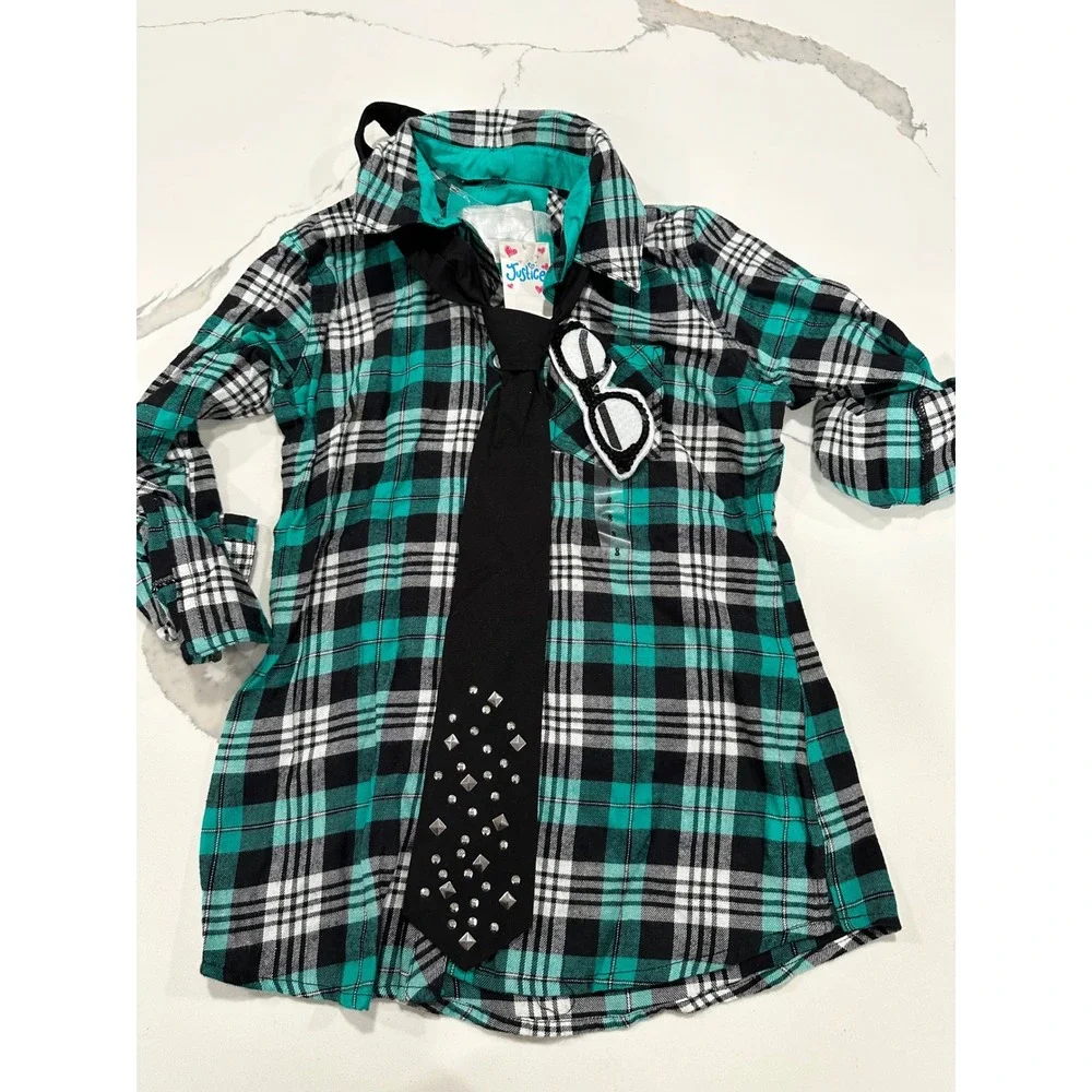 Justice Girls Plaid Shirt Teal Black White Studded‎ Tie Sunglasses Size 8